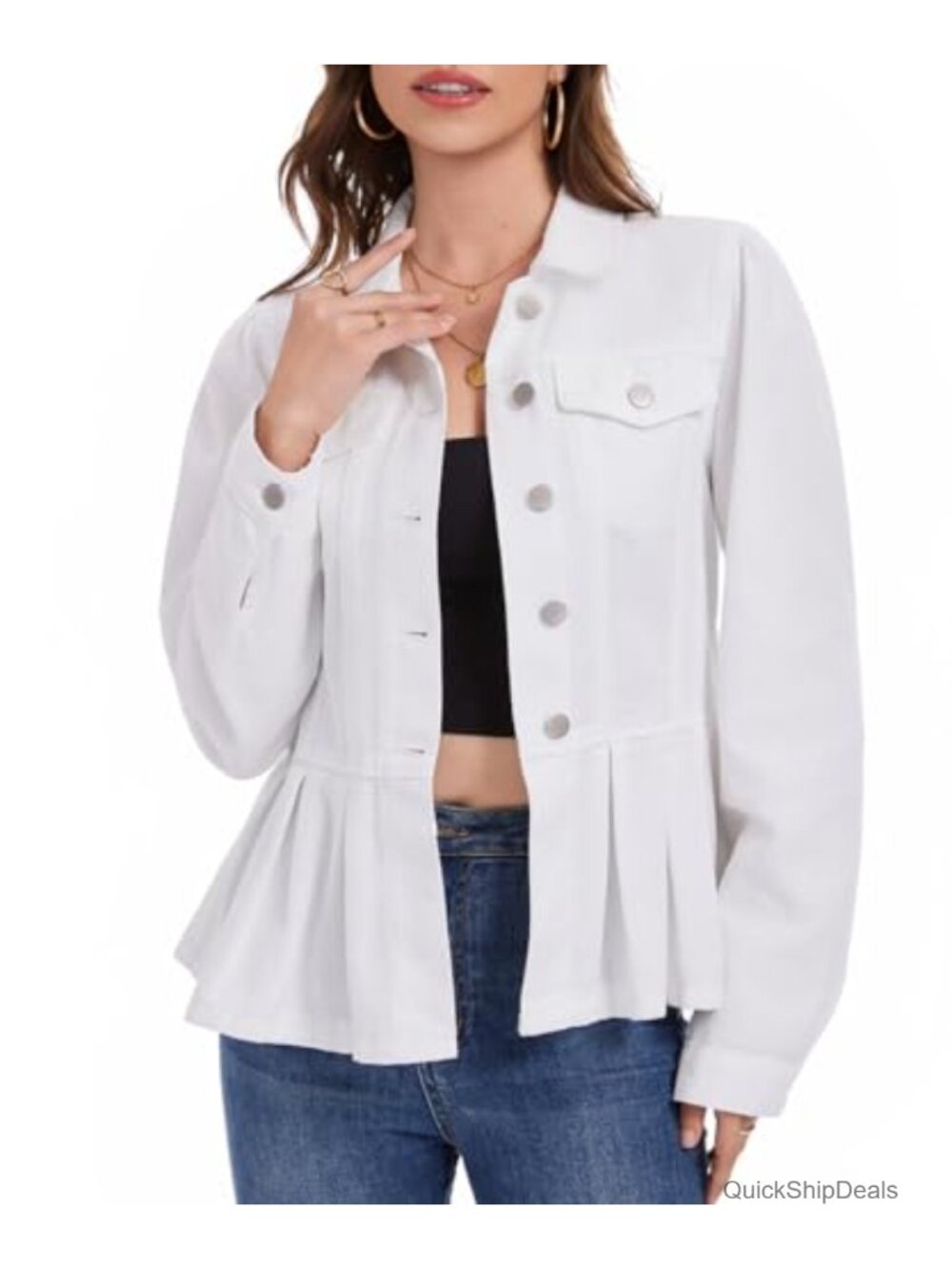 Peplum Denim Jacket Puff Sleeve Button Down Jean Coat